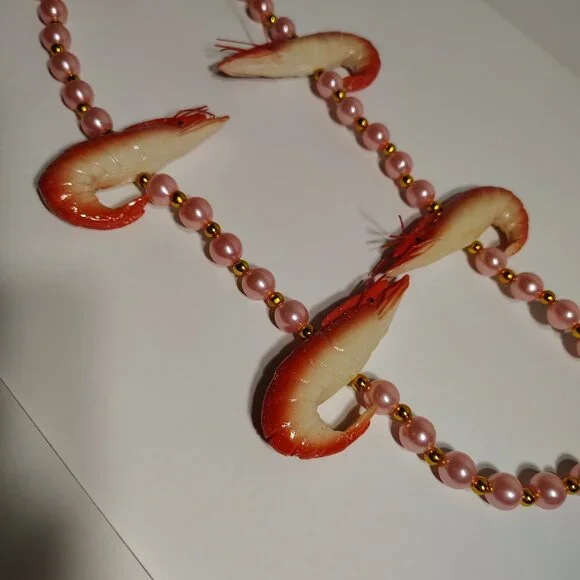 Crawfish Mardi Gras Beads Faux Pink Pearl Shrimp Nautical Necklace - Picture 3 of 7